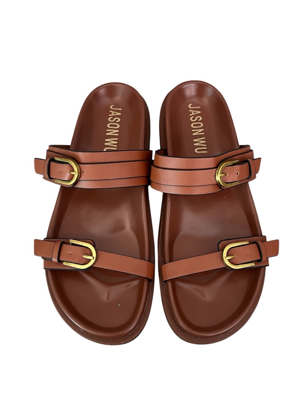 JASON WU RHONDA DOUBLE BUCKLE slide sandals brown leather gold buckle size 6.5